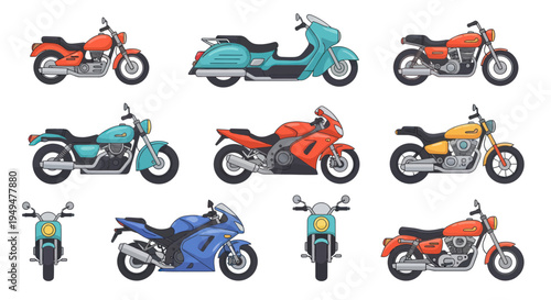 Collection of colorful motorcycles in various styles isolated on white