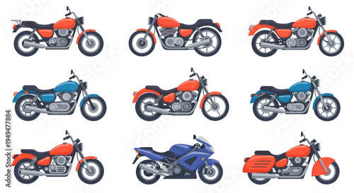 Collection of colorful motorcycles isolated on white background for design
