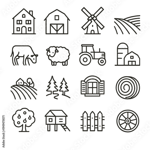 Collection of simple line art icons representing rural farm life and agriculture