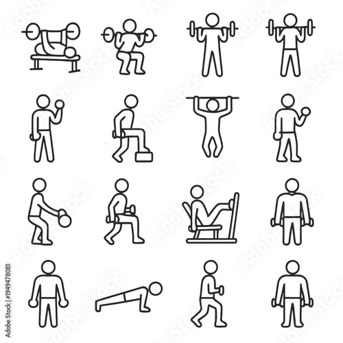 Collection of simple line art icons representing various fitness exercises and gym activities