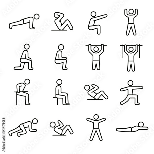Collection of simple line art icons representing various fitness exercises and bodyweight training movements