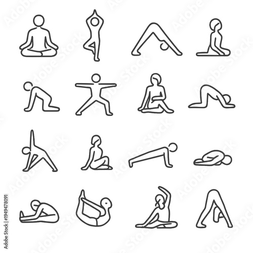 Collection of simple line art icons representing various yoga poses and exercises
