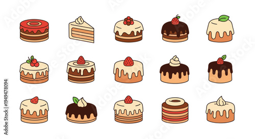 Collection of decorative cakes and desserts on white background vector illustration