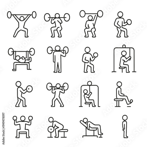 Collection of simple line art icons representing various weightlifting and gym exercises for fitness
