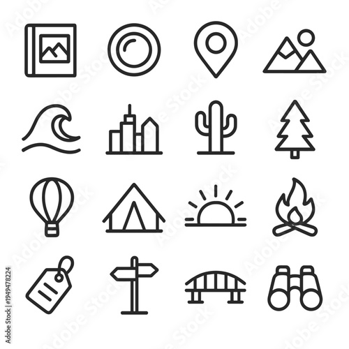 Collection of travel and adventure icons in a clean, modern line art style