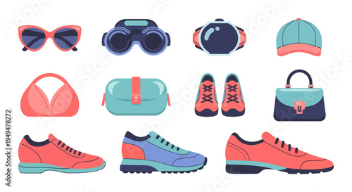 Collection of fashion accessories and sports shoes isolated on white