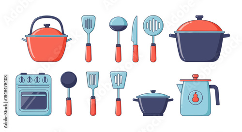 Collection of kitchen utensils and appliances isolated on white background