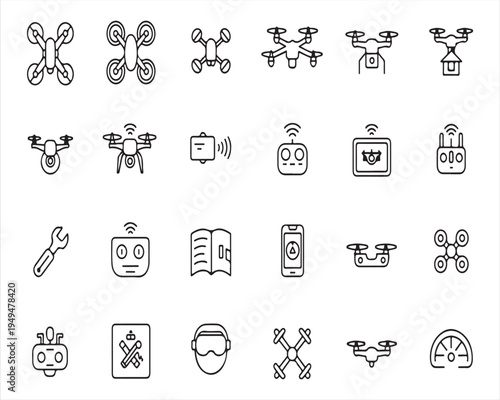 Drone technology line icon set with UAV remote control and aerial symbols