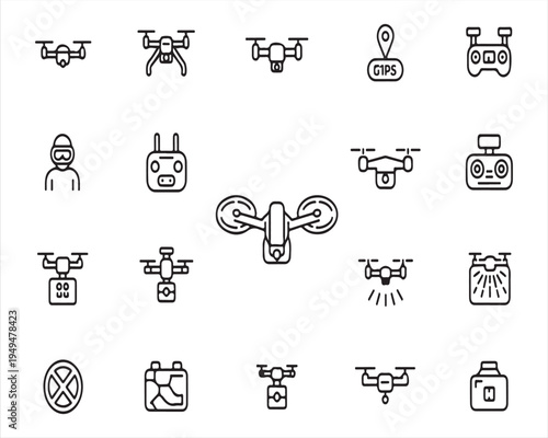 Drone technology line icon set with UAV remote control and aerial symbols