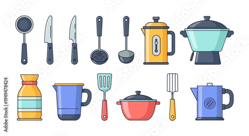 Collection of kitchen utensils and appliances isolated on white background