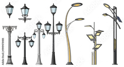 Collection of diverse street lights and lampposts on white background.