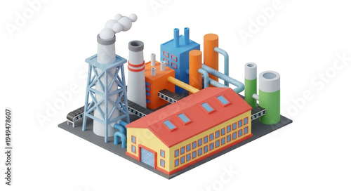 Modern industrial factory building with smokestacks and pipes.