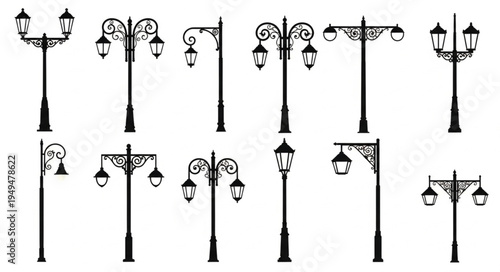 Collection of vintage street lamp silhouettes for design.