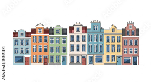 Colorful row of traditional European townhouses with unique architecture.