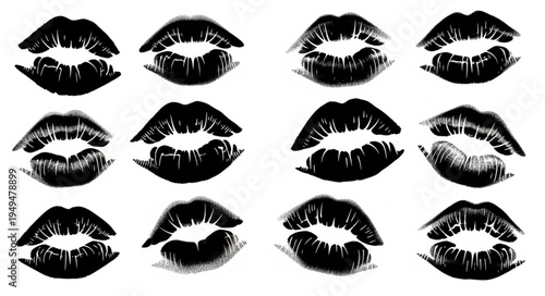 Black Lipstick Kiss Marks Collection Isolated On White Background.