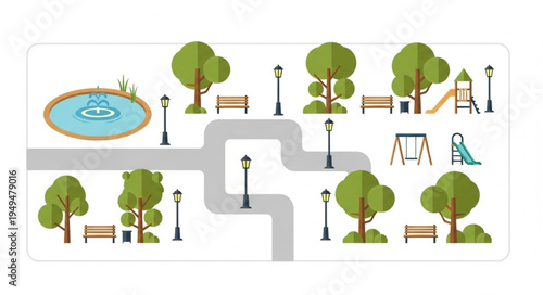 Illustration of a park with trees benches and playground elements.