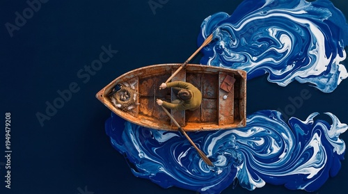 Top-down view of a man rowing a wooden boat through swirling blue paint surreal concept
