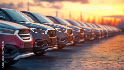 City cars parked in row on outdoor parking at sunset