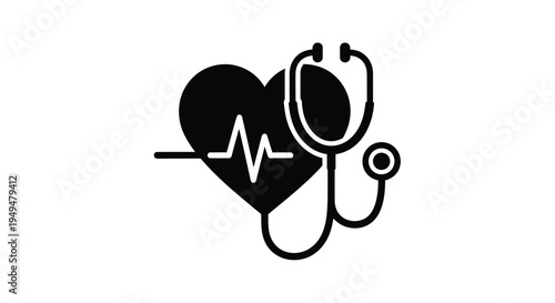 Black heart outline with a stethoscope and electrocardiogram line