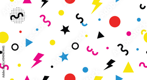 A colorful abstract pattern featuring various shapes and symbols on a white background
