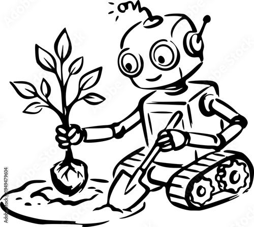 Cute robot planting a tree sapling, green technology and environmental conservation concept, hand-drawn line art sketch