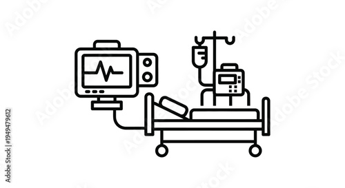 Hospital bed with medical equipment monitor iv drip and pump