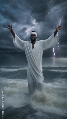 A dramatic figure stands resilient in turbulent waters, arms outstretched towards a stormy sky with lightning