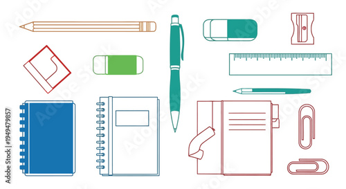 Colorful illustration of common school and office stationery items
