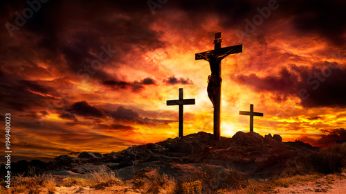 Crucifixion - Jesus Crucifix On Cross With Dramatic Sky At Sunset - Orange Clouds With Hill In Silhouette