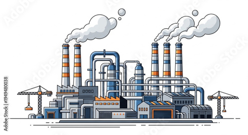 Industrial Factory with Smoking Chimneys and Cranes.