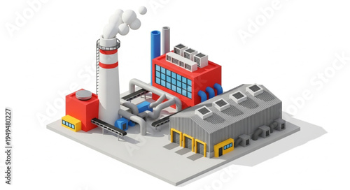 Industrial factory with smokestack and buildings isometric view.