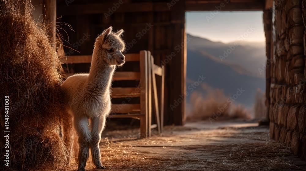 Naklejka premium Young Alpaca Cria Nibbling Hay in Serene Barn Environment at Sunset