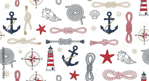 A nautical-themed pattern featuring various anchors, ropes, and other sailing symbols on a white background.