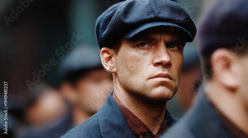 Serious man in flat cap staring intently in a crowd, vintage working class style with shallow depth of field.