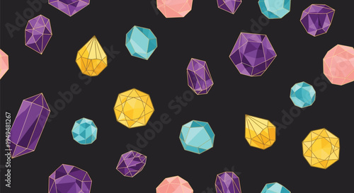 A colorful illustration of various gemstones on a dark background