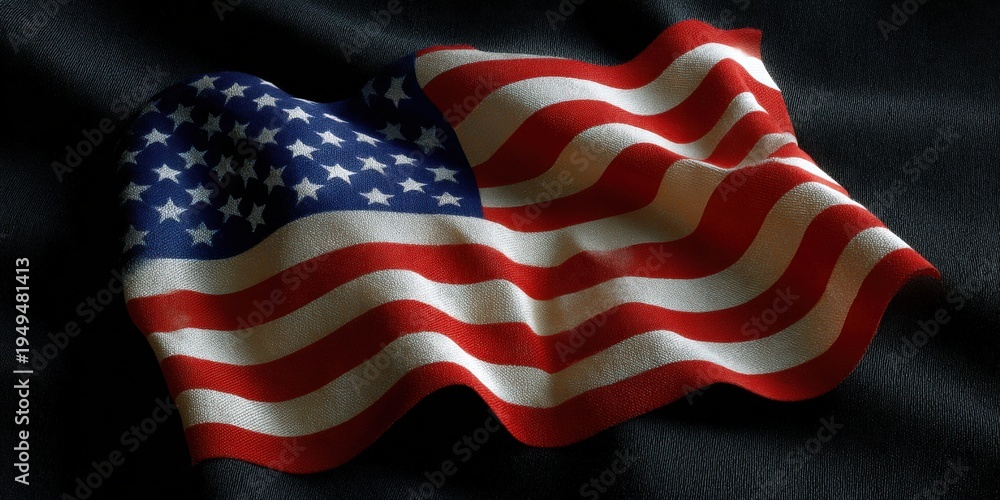 Obraz premium Close-up of a wavy United States flag with stars and stripes on a dark textured background.