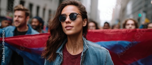 Confident young woman in sunglasses leading a colorful street protest, standing in front of a large flag in an urban city march.