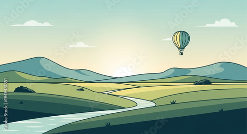 Hot air balloon floating over rolling green hills and a winding river.