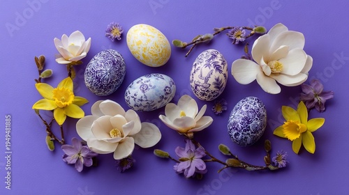 A vibrant Easter arrangement of decorated eggs and colorful flowers on a purple background