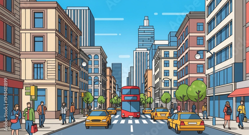 Cartoon illustration of a busy city street with buildings and traffic.