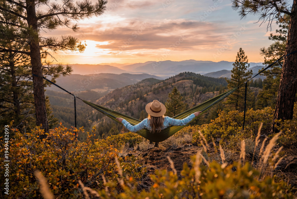 Naklejka premium Woman relaxing in a green hammock suspended between trees overlooking mountains at sunset