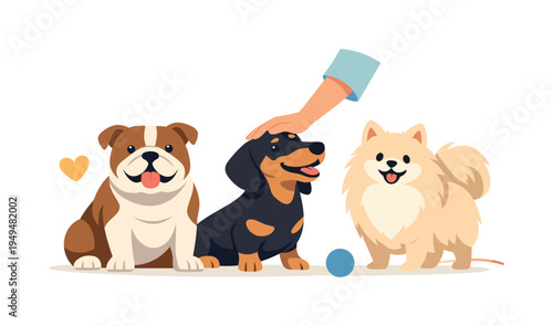 A domestic pet care and animal companionship scene celebrating the variety of dog breeds loved by families around the world, symbolized by three flat style dogs including a bulldog