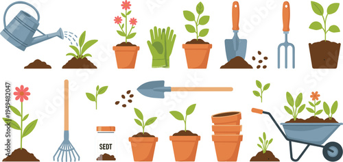 Gardening Tools and Planting Elements Vector Collection with Watering Can Pots Shovel Rake Fork Wheelbarrow Seeds Soil and Growing Plants Isolated on White Background.
