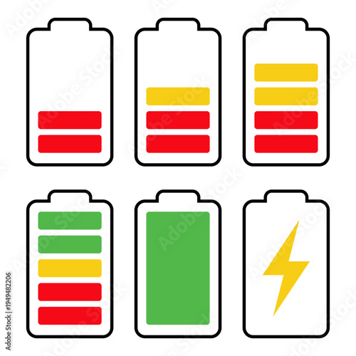 Battery level indicators showing various charge states from empty to full and charging.