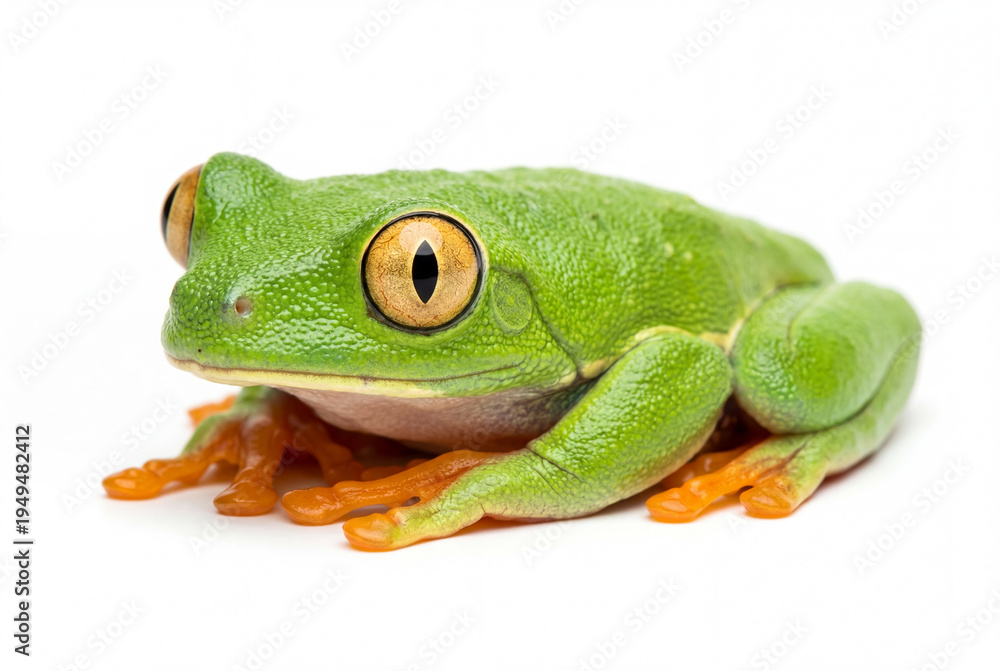 Fototapeta premium Vibrant green tree frog with orange toes isolated