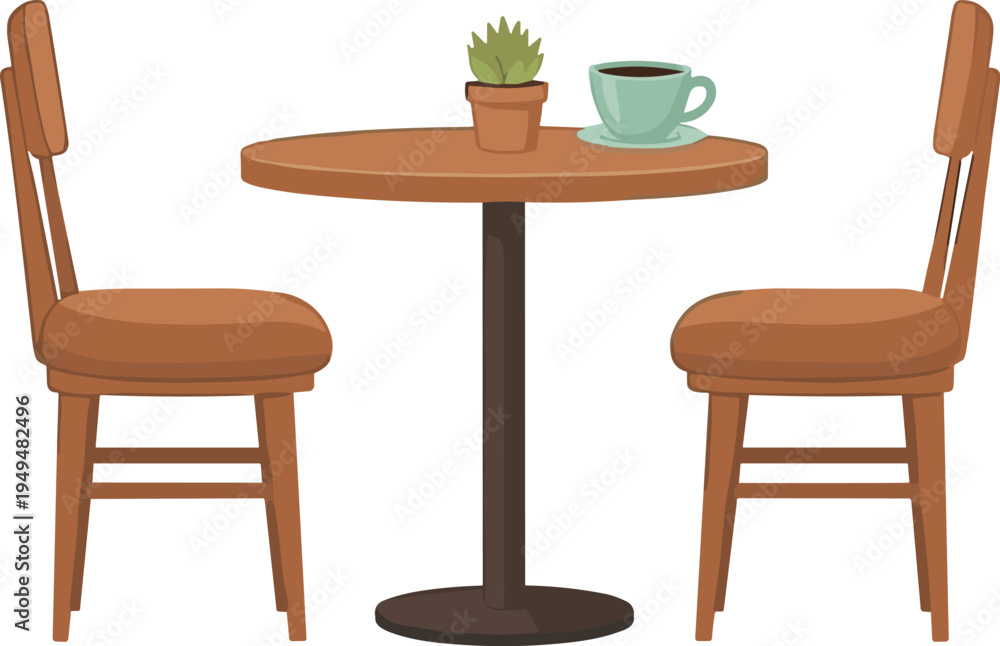 Fototapeta premium Cozy Cafe Table and Chairs Vector Illustration with Coffee Cup and Small Plant Minimal Coffee Shop Furniture Scene Isolated on White Background.