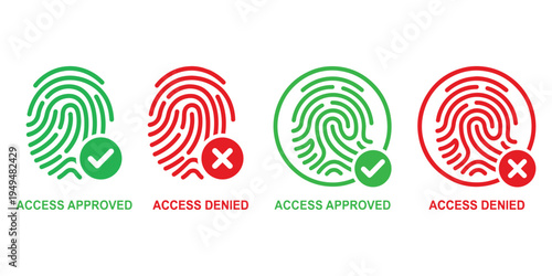 Fingerprint Access Approved and Denied Icons, Biometric Security Symbols.
