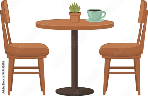 Cozy Cafe Table and Chairs Vector Illustration with Coffee Cup and Small Plant Minimal Coffee Shop Furniture Scene Isolated on White Background.