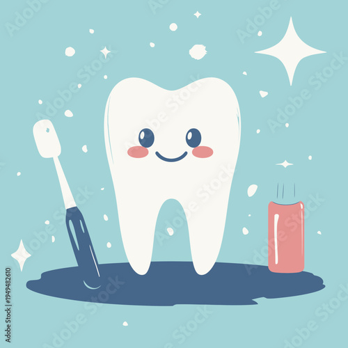 Happy smiling tooth with toothbrush and mouthwash bottle sparkling clean dental hygiene concept flat vector illustration on blue background