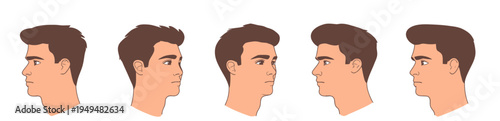 Set of realistic young man face profile views with different head angles including front, side, three quarter, and turn in minimalist flat vector style
